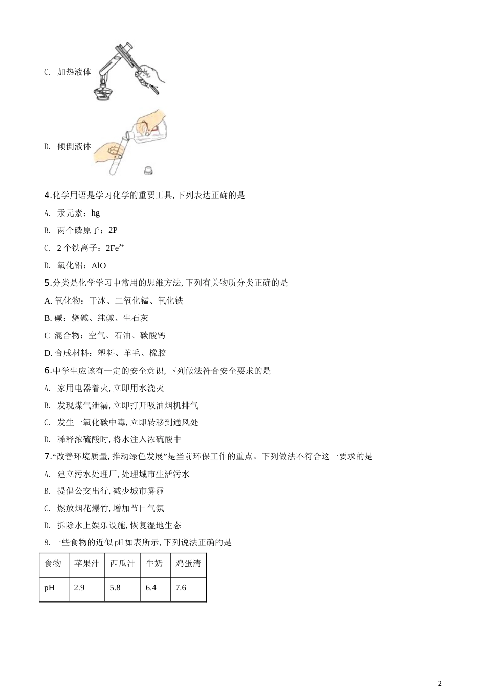 精品解析：山东省临沂市2020年中考化学试题（原卷版）_第2页