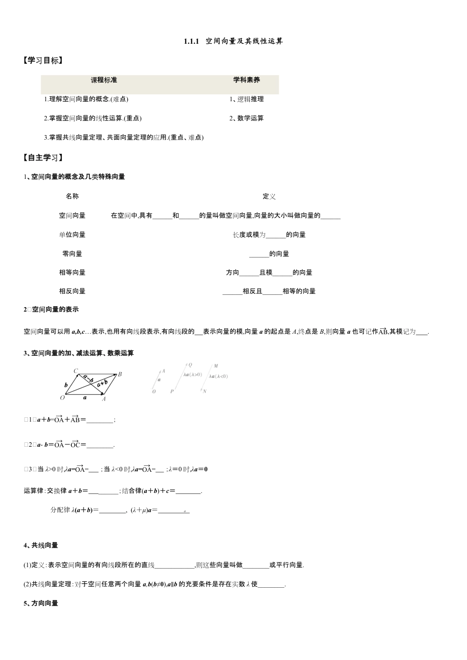 1.1.1 空间向量及其线性运算-2020-2021学年高二数学新教材配套学案（人教A版选择性必修第一册）_第1页