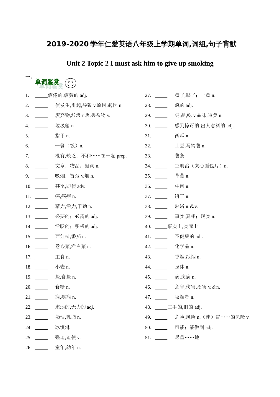 专题05 Unit 2 Topic 2 I must ask him to give up smoking（基础知识汉译英版）_第1页