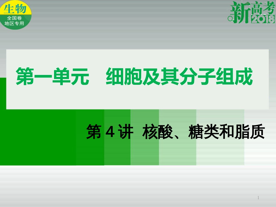 （全国卷 地区专用）高考生物总复习 第一单元 细胞及其分子组成 第4讲 核酸、糖类和脂质课件_第1页