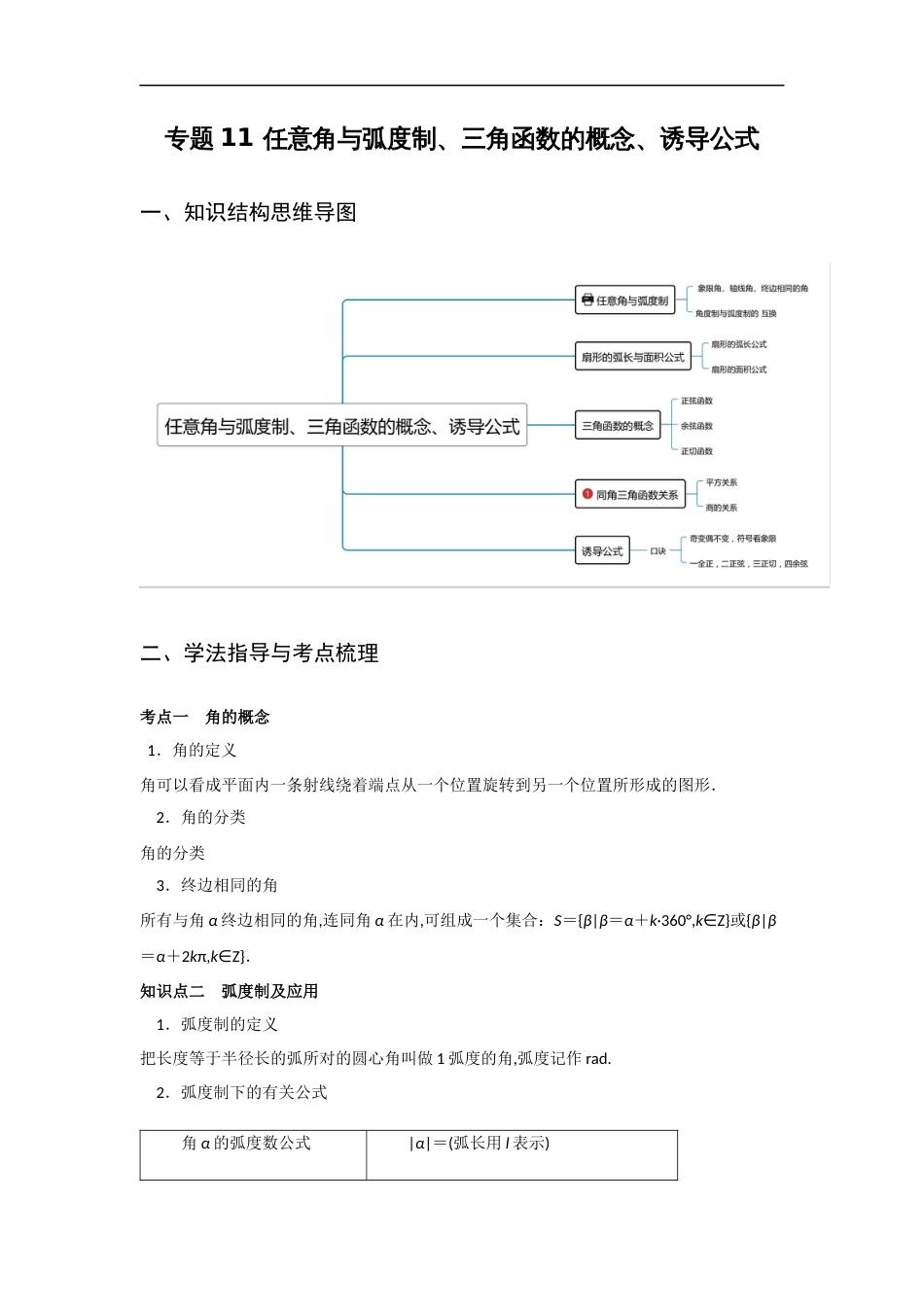 专题11 任意角与弧度制、三角函数的概念、诱导公式（重难点突破） 原卷版_第1页