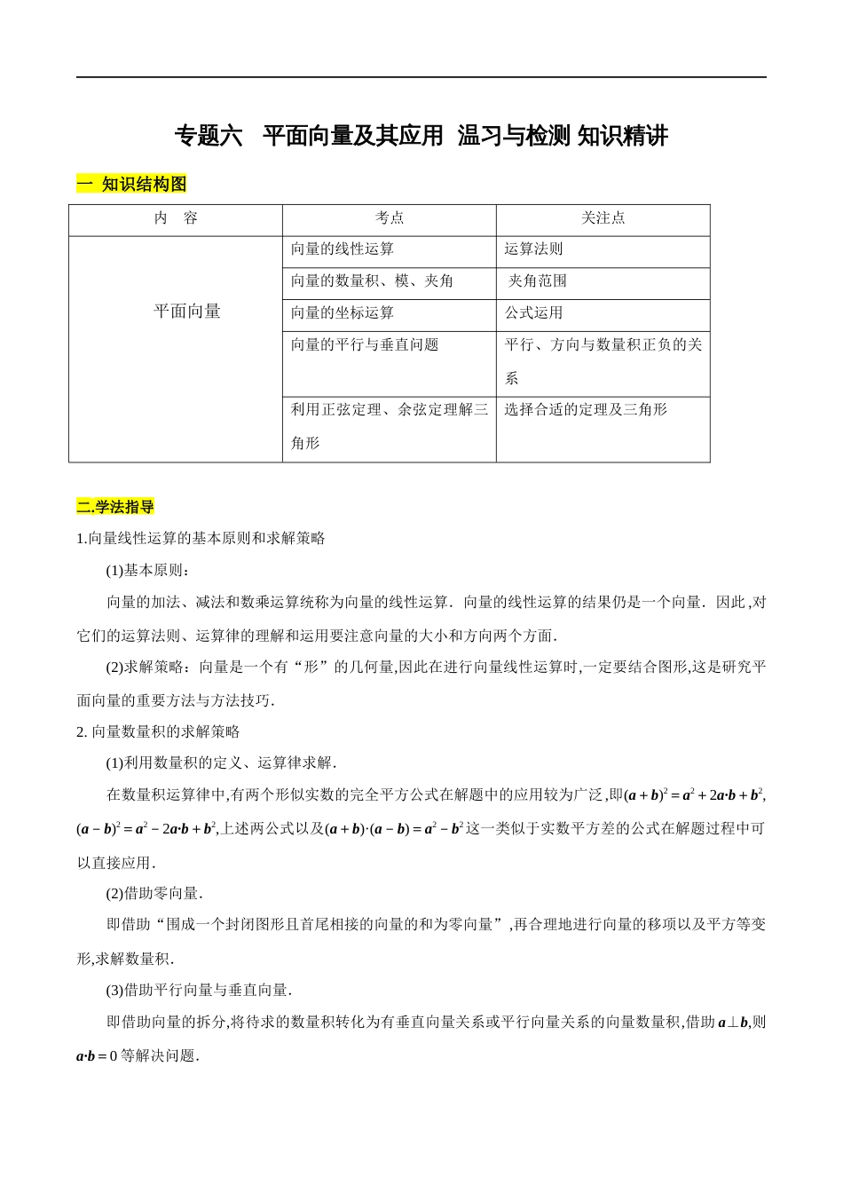 专题06 平面向量及其应用 复习与检测（知识精讲）（原卷版）附答案_第1页