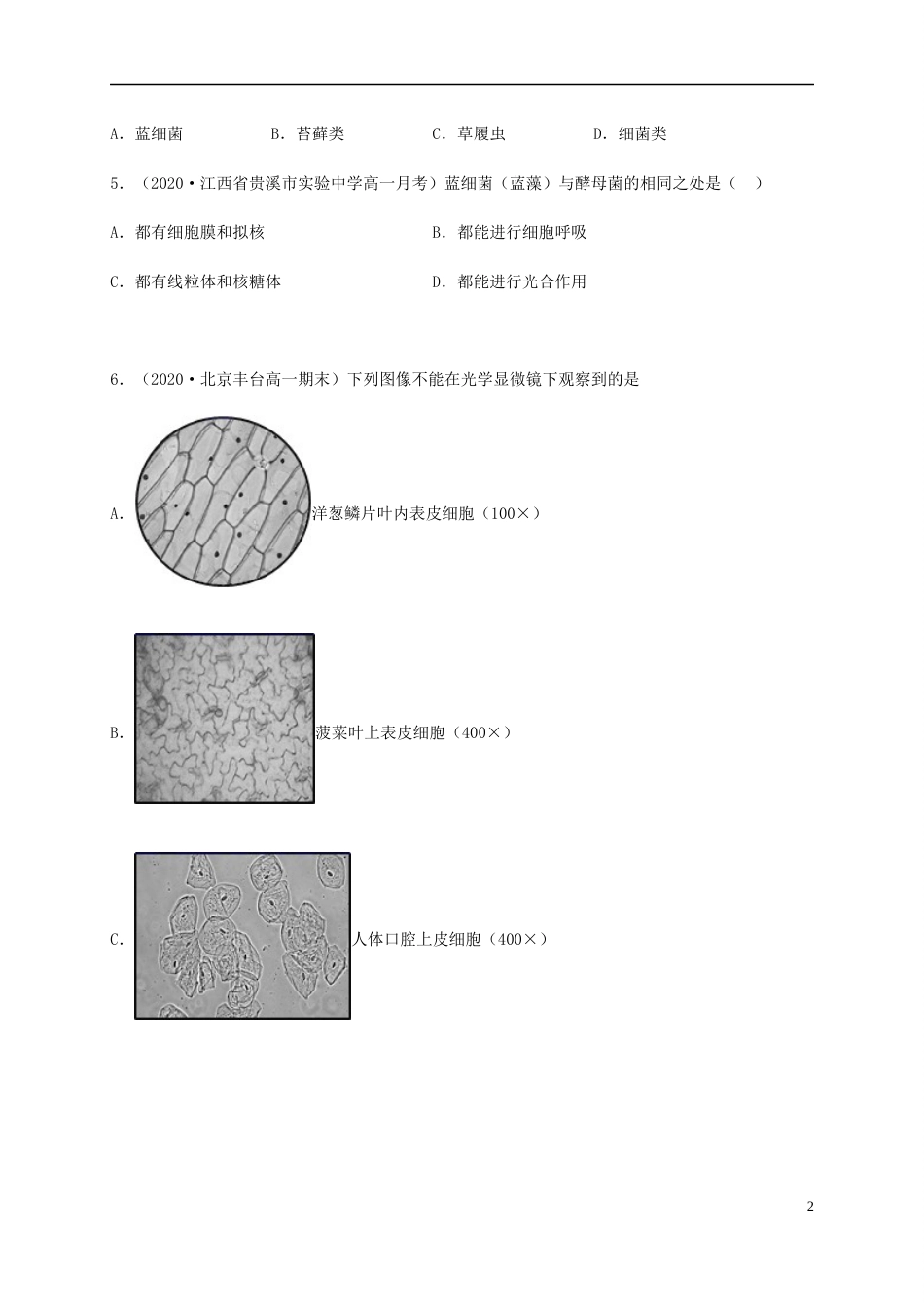 2020-2021学年高一生物上学期期中测试卷02（人教版2019必修1第1、2章）（原卷版）[共13页]_第2页