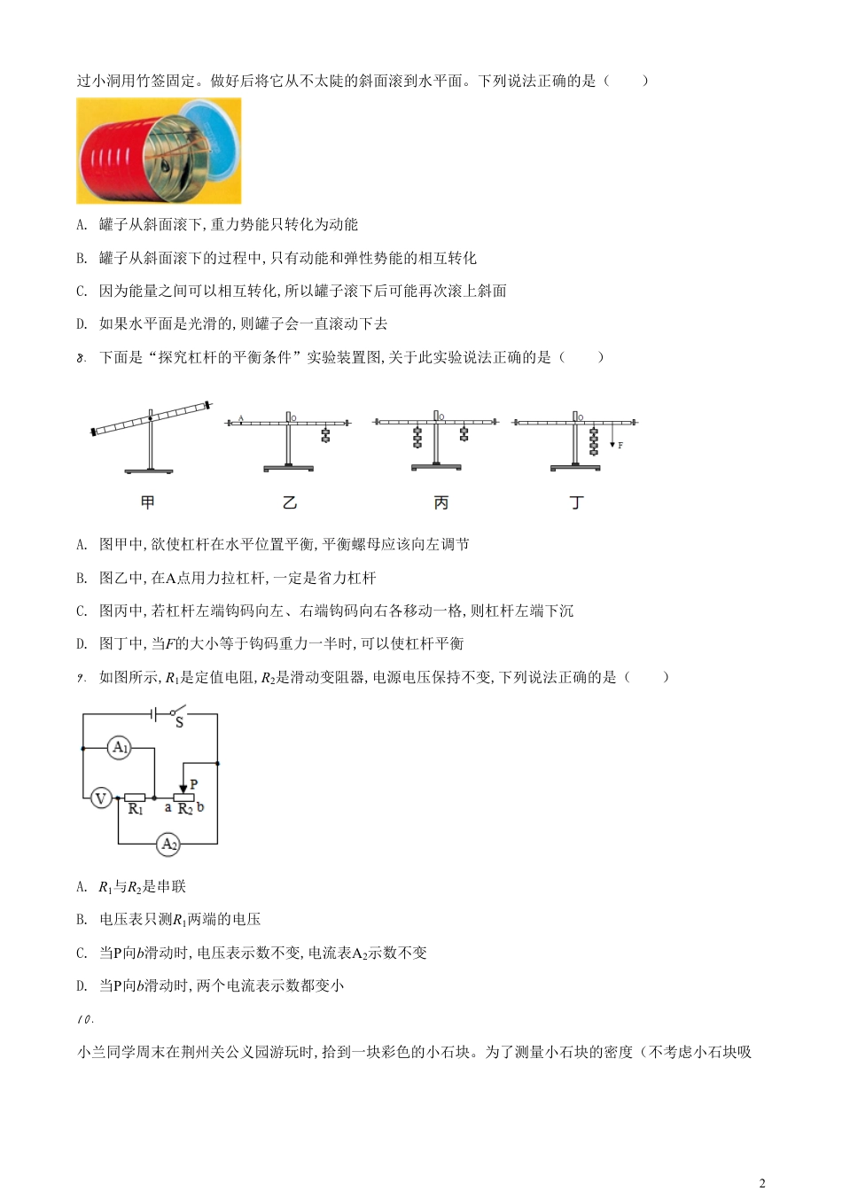 精品解析：2020年湖北省荆州市中考物理试题（原卷版）_第2页
