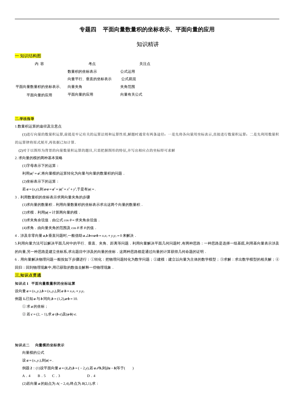 专题04 平面向量数量积的坐标表示、平面向量的应用（知识精讲）（原卷版）_第1页