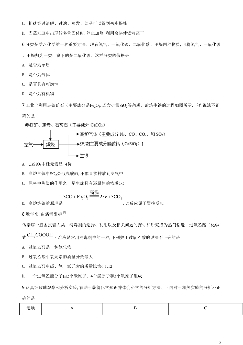 精品解析：宁夏2020年中考化学试题（原卷版）_第2页