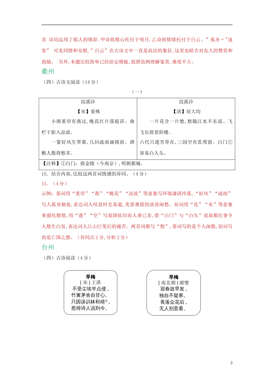 浙江省11市2020年中考语文试卷分类汇编：古诗鉴赏专题_第2页