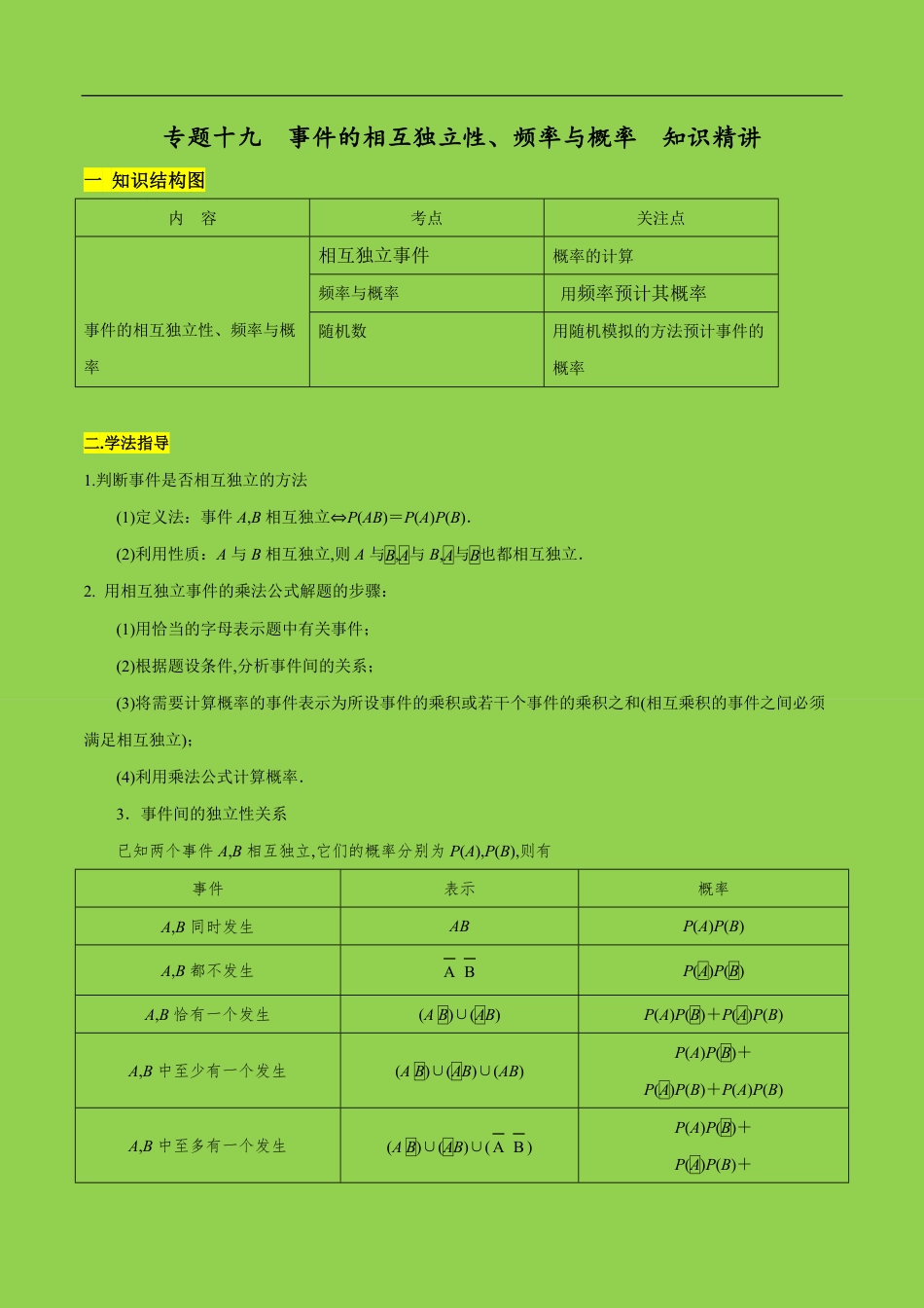 专题19 事件的相互独立性、频率与概率（知识精讲）（解析版）_第1页