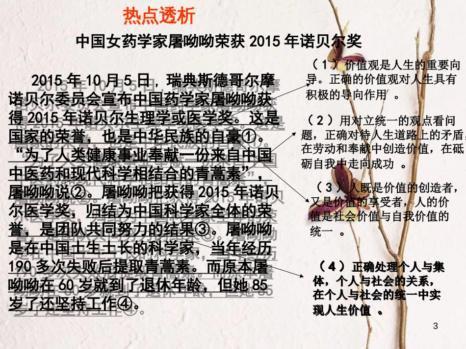（全国通用Ⅱ）高考政治一轮复习 考点专题 模块4 单元16 课时2 实现人生价值 热点突破 中国女药学家屠呦呦荣获2015年诺贝尔奖课件_第2页