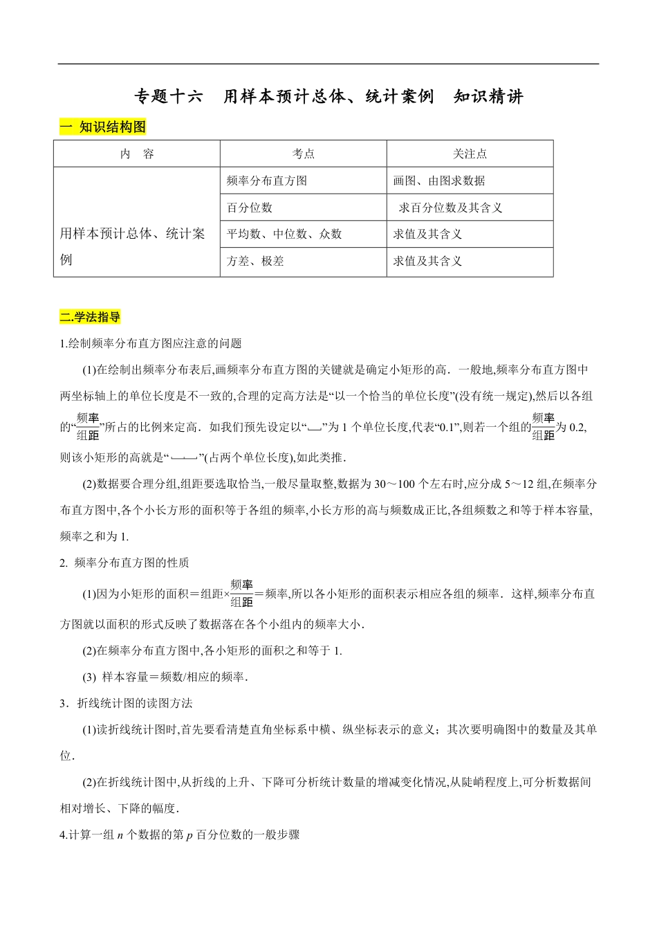 专题16 用样本估计总体、统计案例（知识精讲）（解析版）_第1页