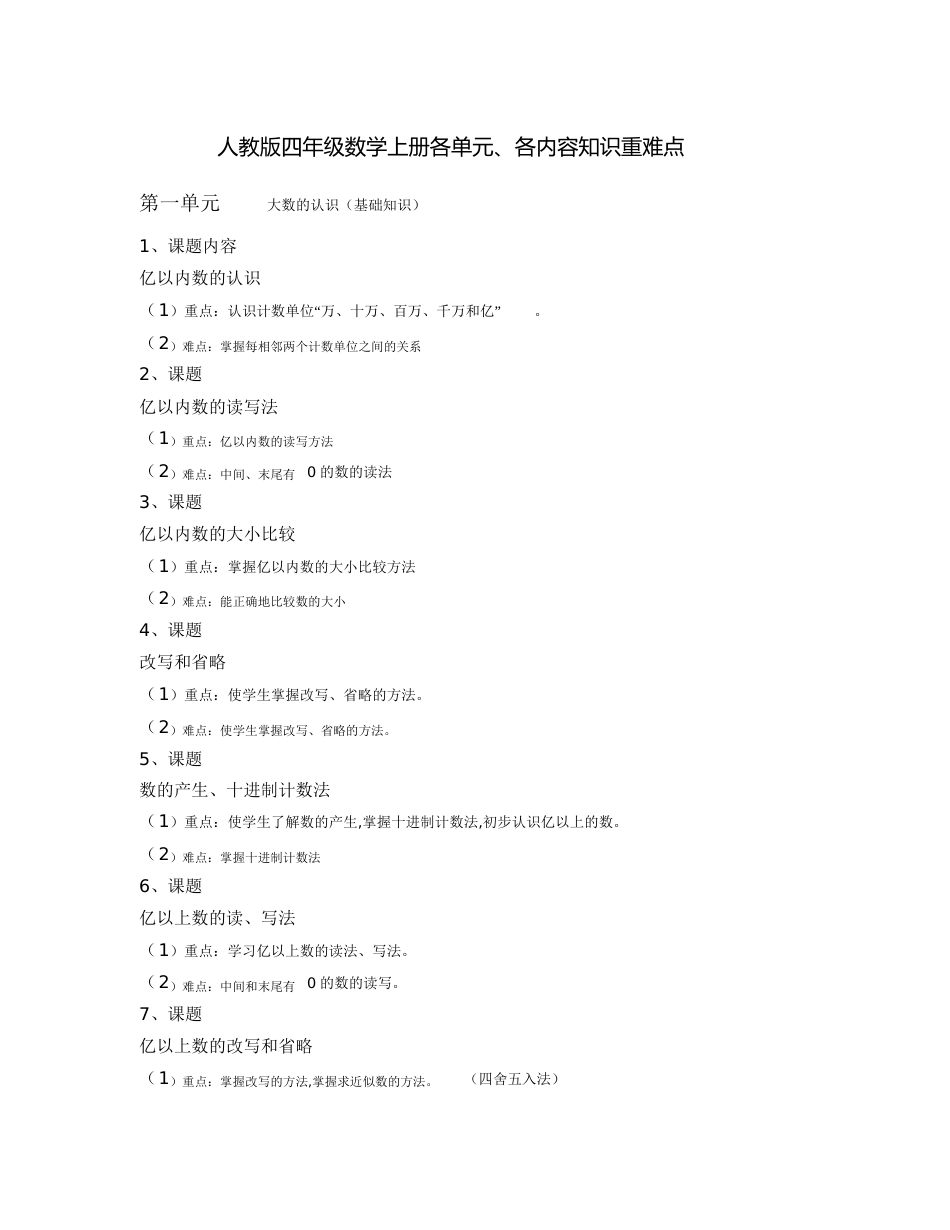 人教版四年级数学上册各单元、各内容知识重难点[共5页]_第1页