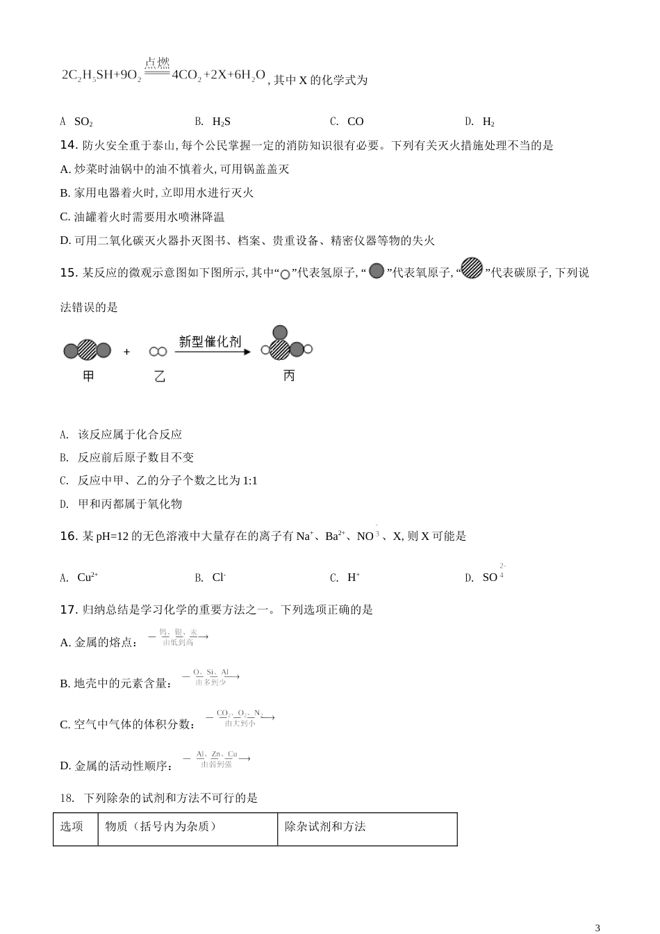 精品解析：湖南省湘潭市2020年中考化学试题（原卷版）_第3页