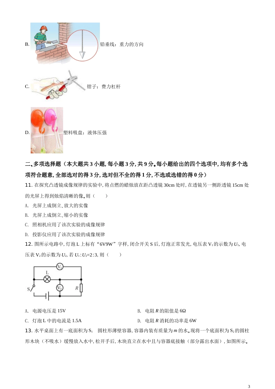精品解析：2020年天津市中考物理试题（原卷版）_第3页