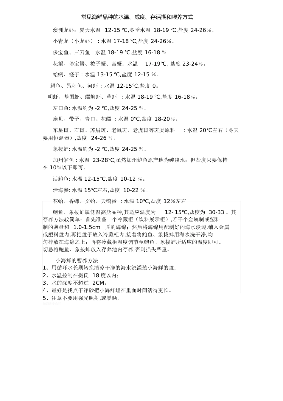 常见海鲜品种的水温、咸度、存活期和喂养方式-小青龙水温_第1页