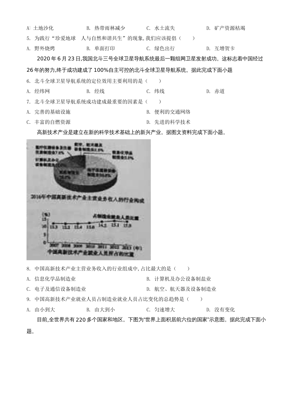 精品解析：山西省阳泉市2020年中考地理试题（原卷版）_第2页