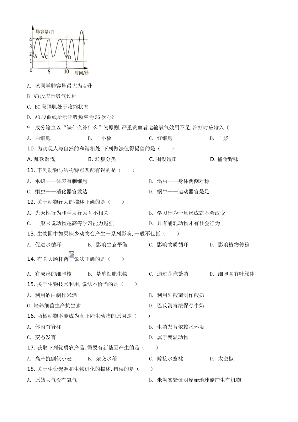 精品解析：湖南岳阳市2020年中考生物试题（原卷版）_第2页