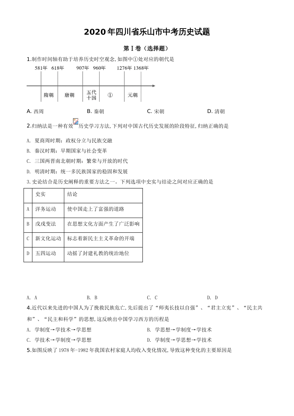 精品解析：四川省乐山市2020年中考历史试题（原卷版）_第1页