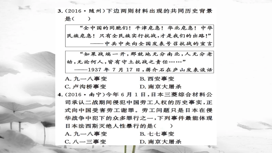 安徽省中考历史 基础知识夯实 模块二 中国近代史 第四主题 中华民族的抗日战争课后提升课件[共13页]_第3页