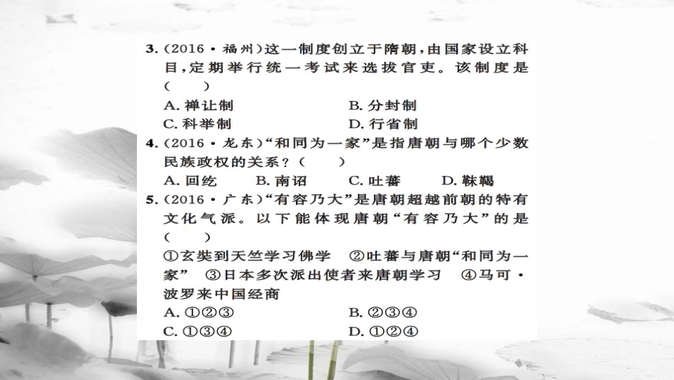 安徽省中考历史 基础知识夯实 模块一 中国古代史 第三主题 繁荣与开放的社会、经济重心的南移和民族关系的发展课后提升课件[共14页]_第3页