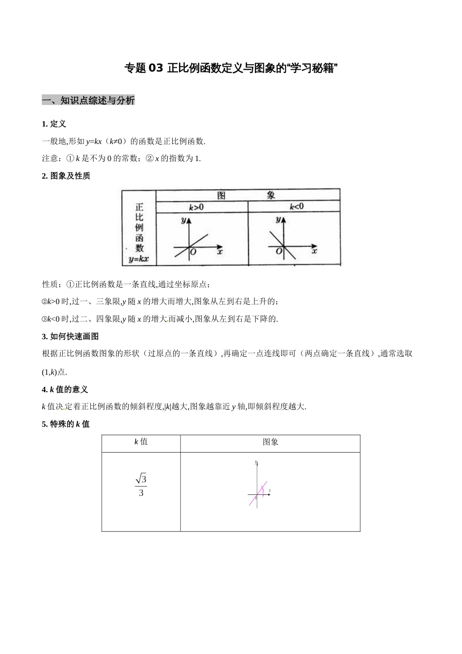 专题03 正比例函数定义与图象的学习秘籍-八年级数学秘籍之教你与一次函数共振（解析版）[1]_第1页