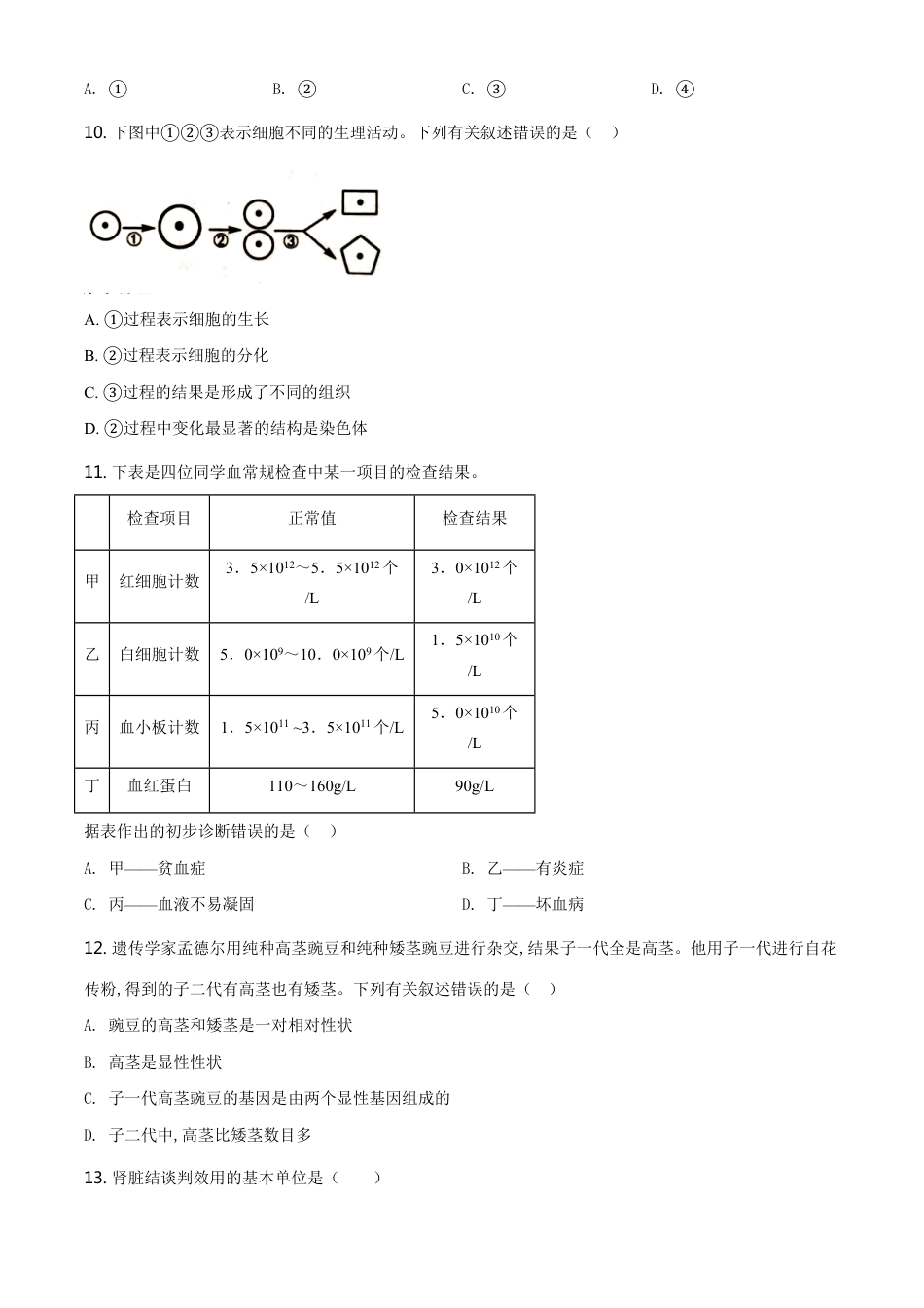 精品解析：江苏省盐城市2020年中考生物试题（原卷版）_第3页