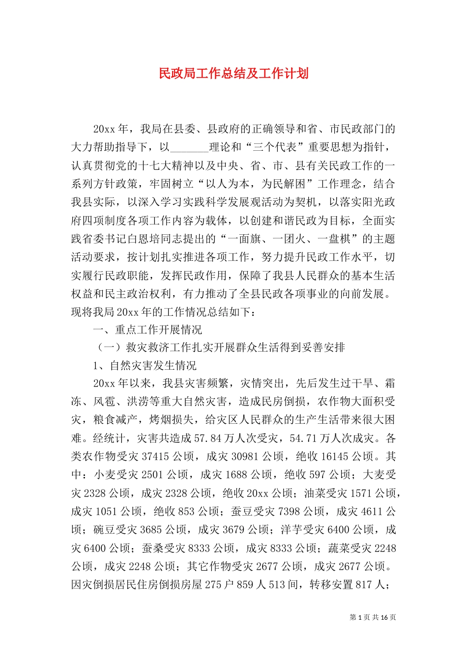 民政局工作总结及工作计划（一）_第1页