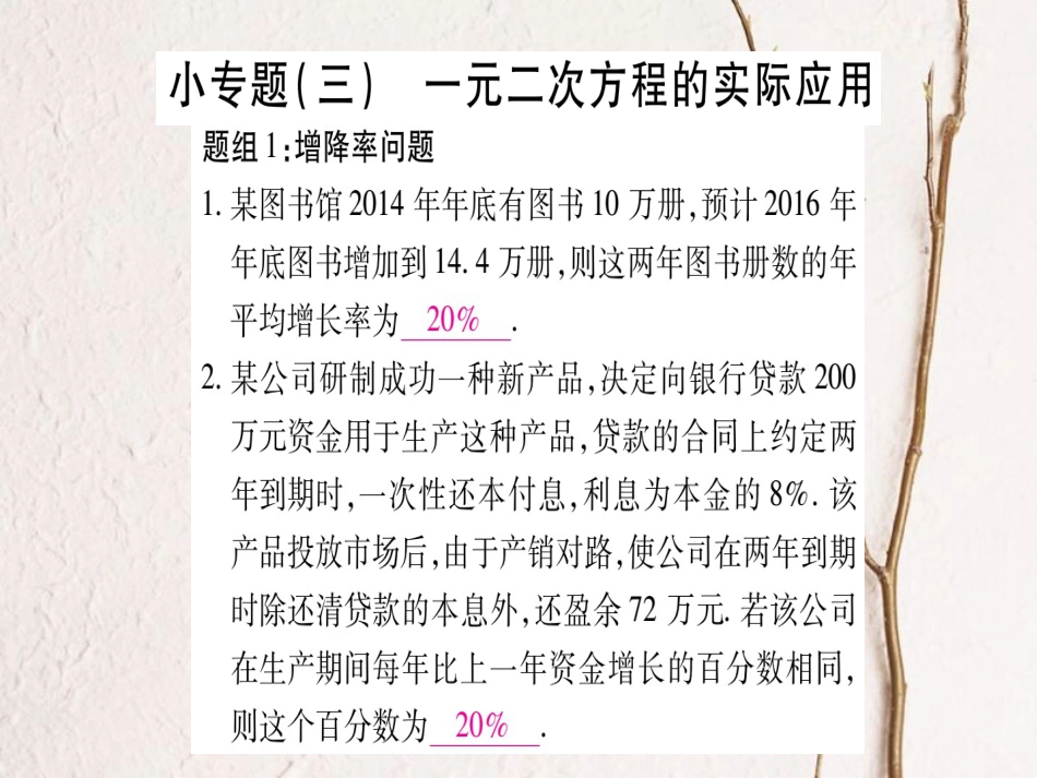 九年级数学上册 小专题（三）一元二次方程的实际应用课件 （新版）北师大版_第1页