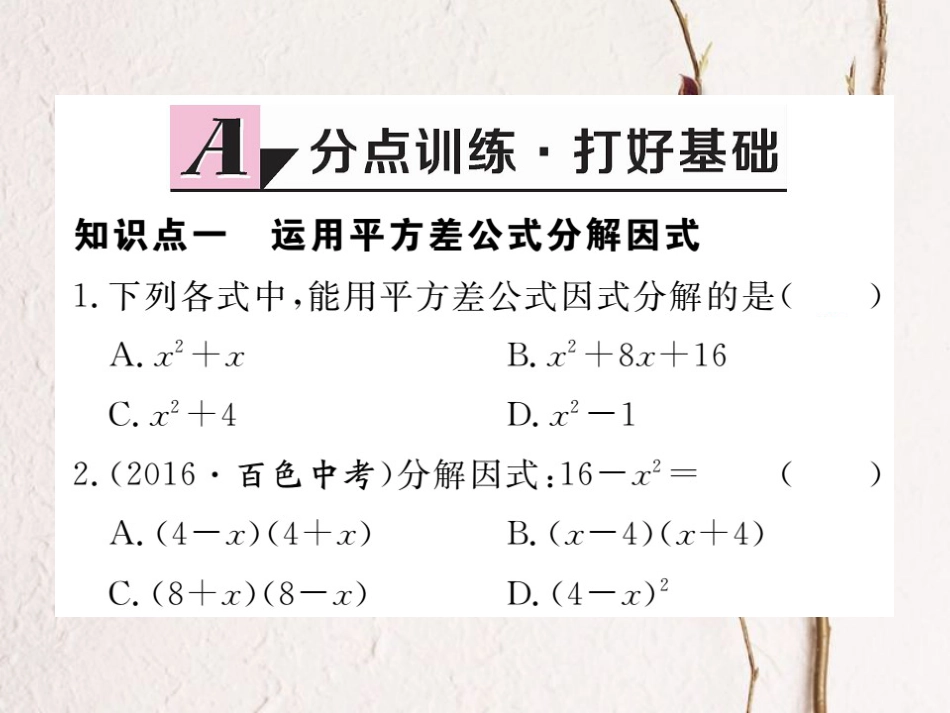 八年级数学上册 14.3.2 第1课时 运用平方差公式因式分解习题课件 （新版）新人教版_第2页