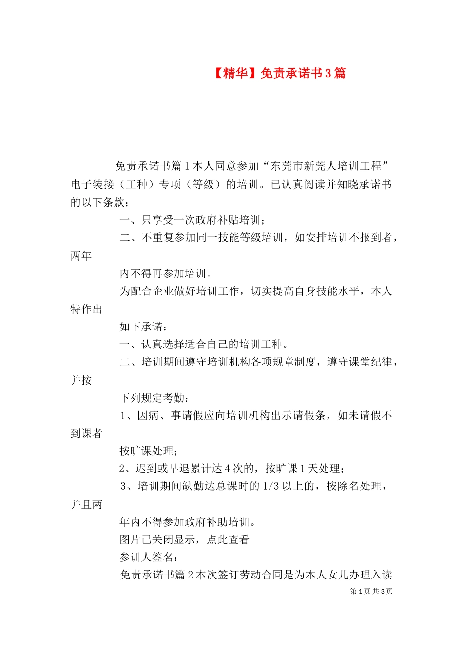 【精华】免责承诺书3篇_第1页