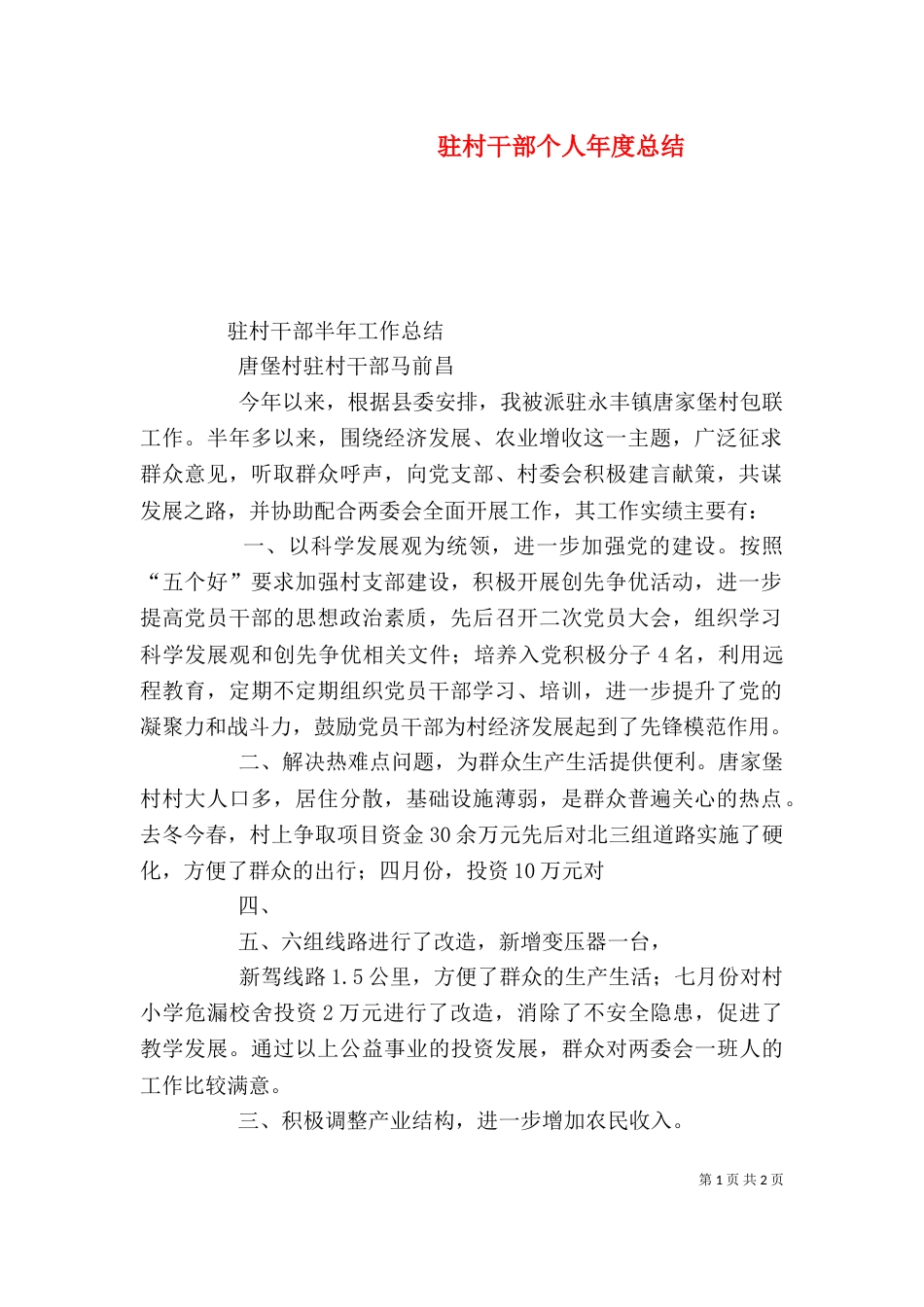 驻村干部个人年度总结（一）_第1页
