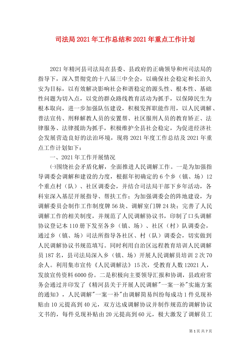 司法局2021年工作总结和2021年重点工作计划（二）_第1页