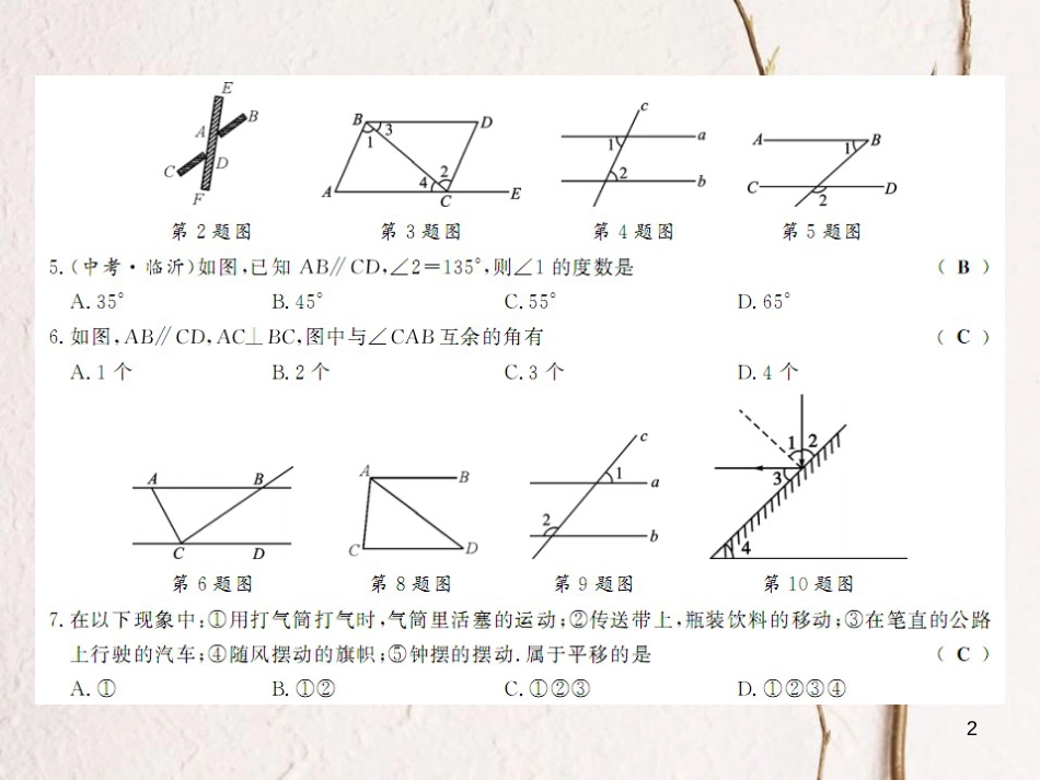 七年级数学下册 第10章 相交线、平行线和平移测评卷课件 （新版）沪科版_第2页