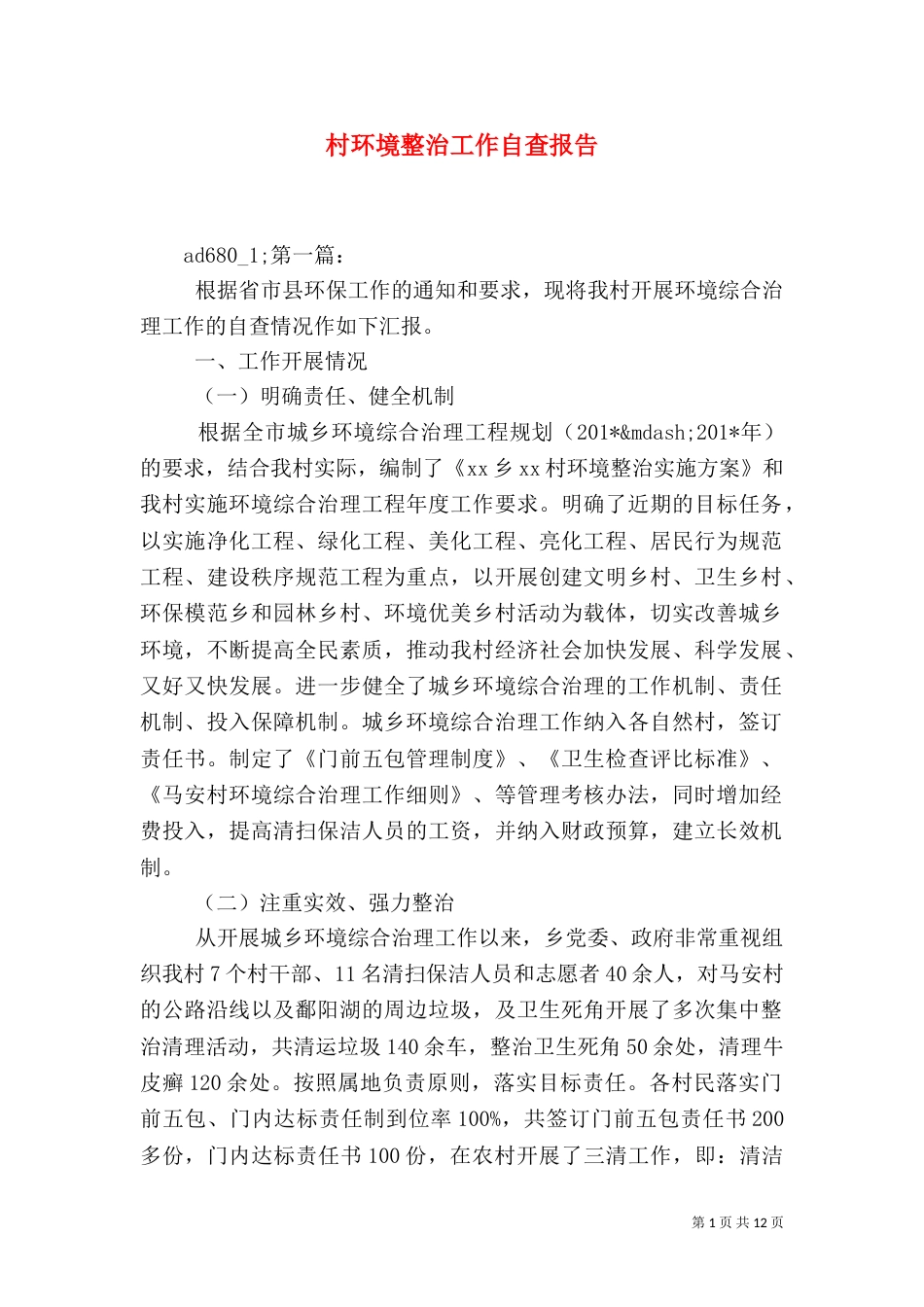 村环境整治工作自查报告（一）_第1页