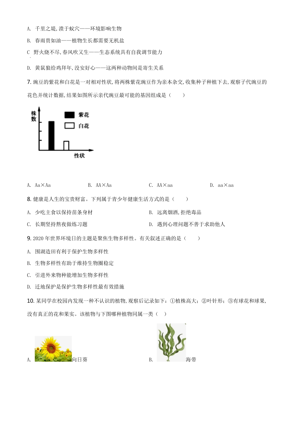 精品解析：江苏省连云港市2020年中考生物试题（原卷版）_第2页