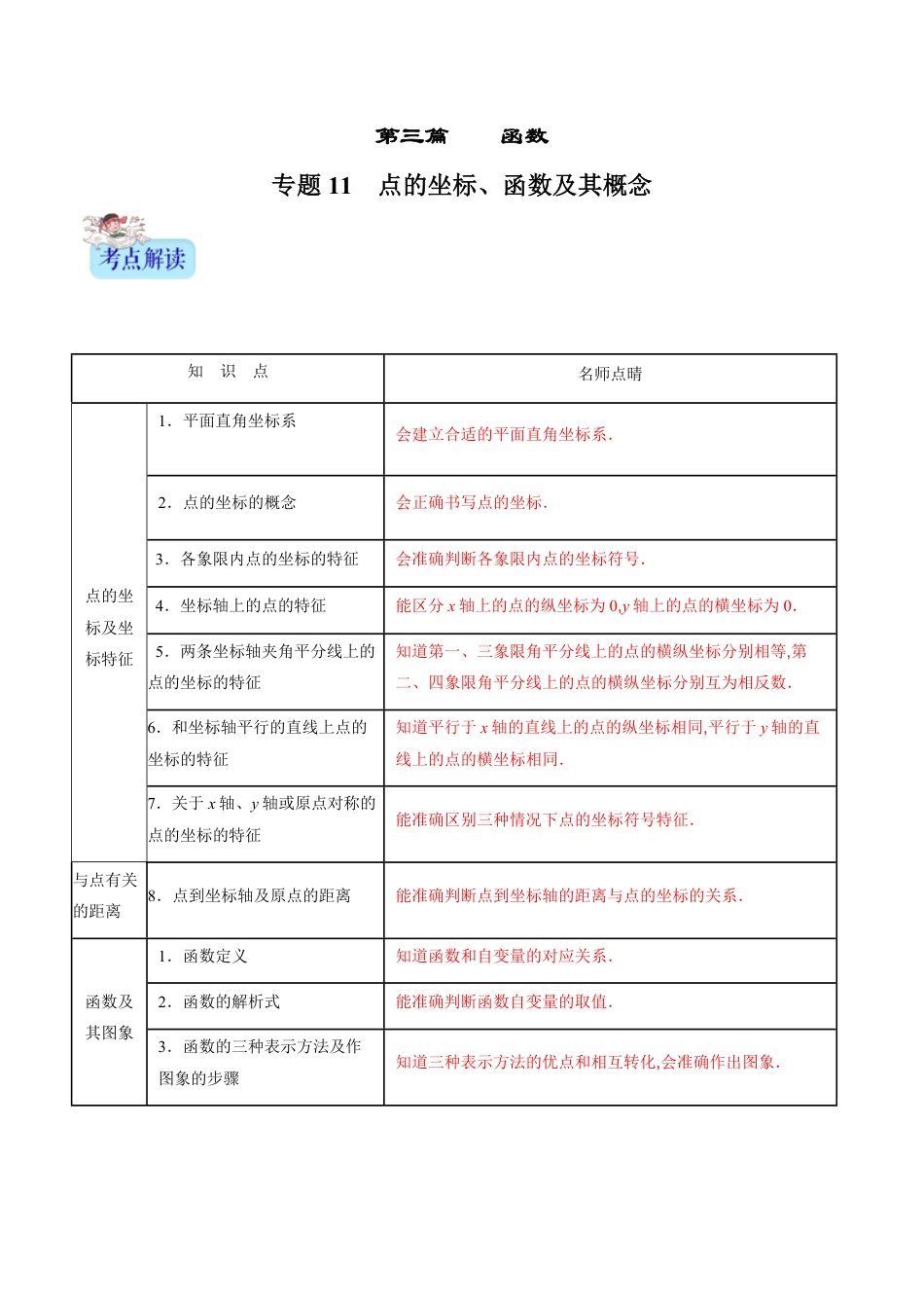 专题11 点的坐标、函数及其概念（原卷版）_第1页