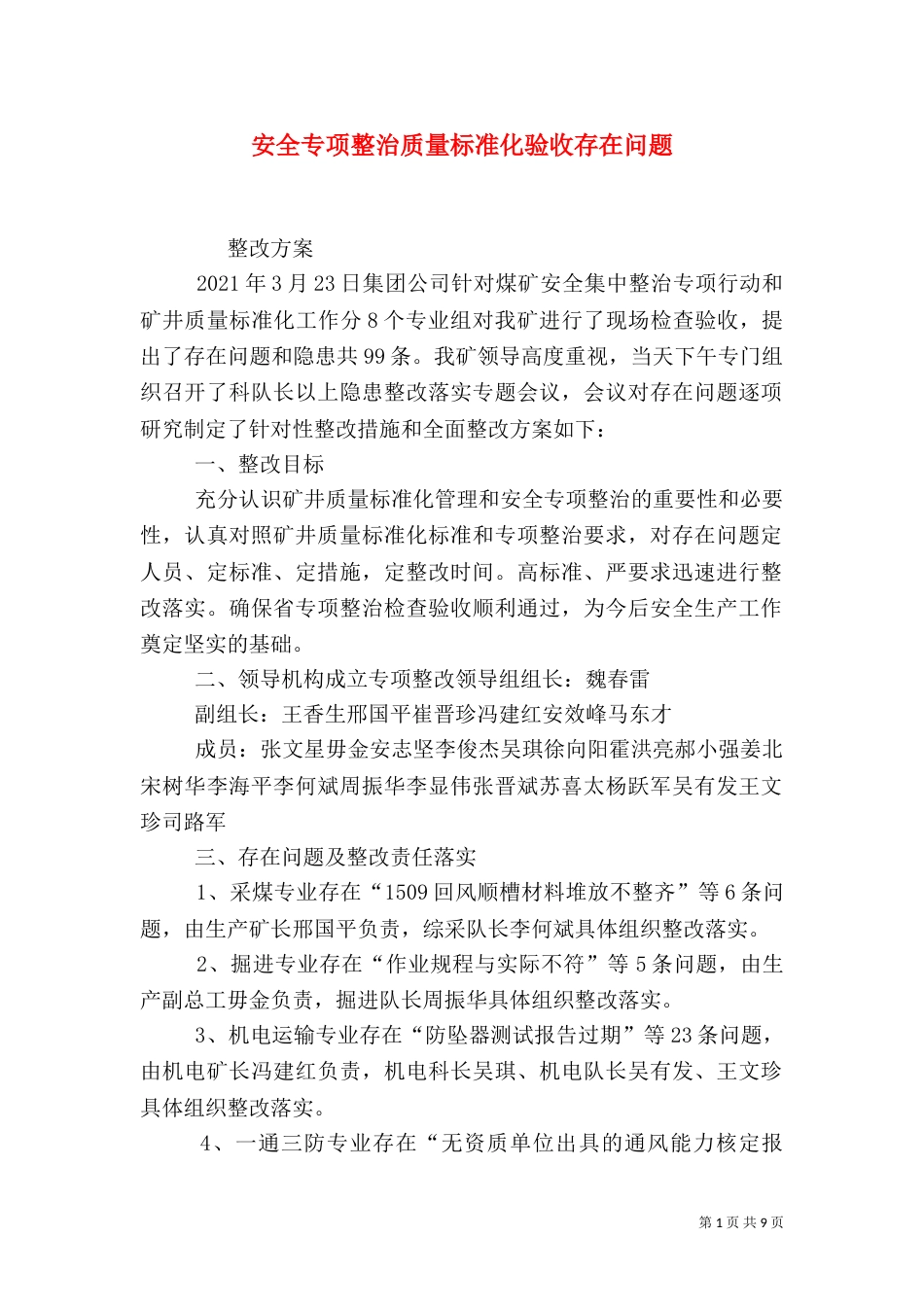 安全专项整治质量标准化验收存在问题_第1页