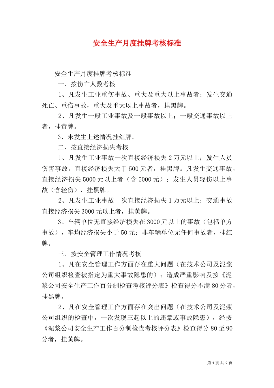 安全生产月度挂牌考核标准（三）_第1页