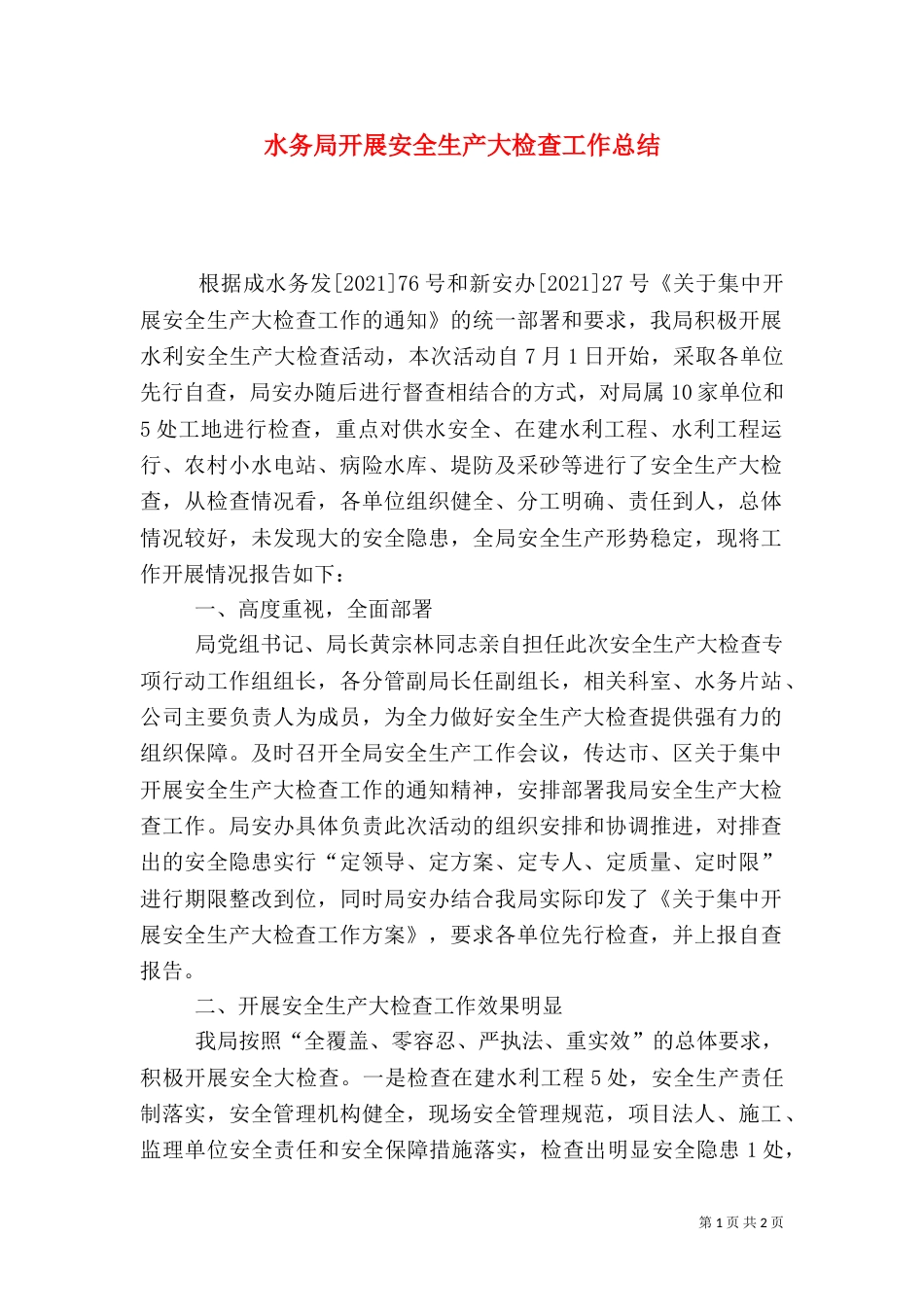 水务局开展安全生产大检查工作总结_第1页