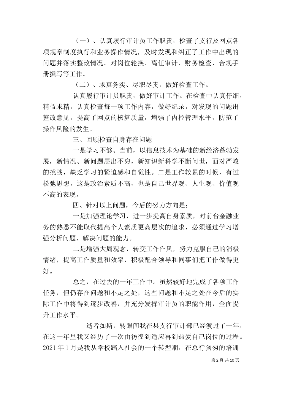 银行审计人员个人工作总结与计划精选_第2页