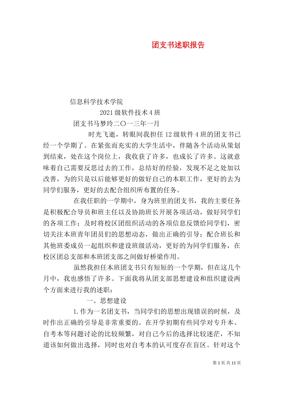 团支书述职报告（四）_第1页