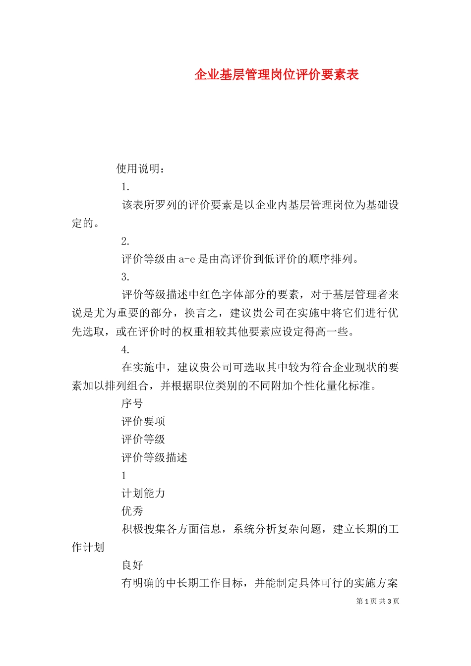 企业基层管理岗位评价要素表_第1页