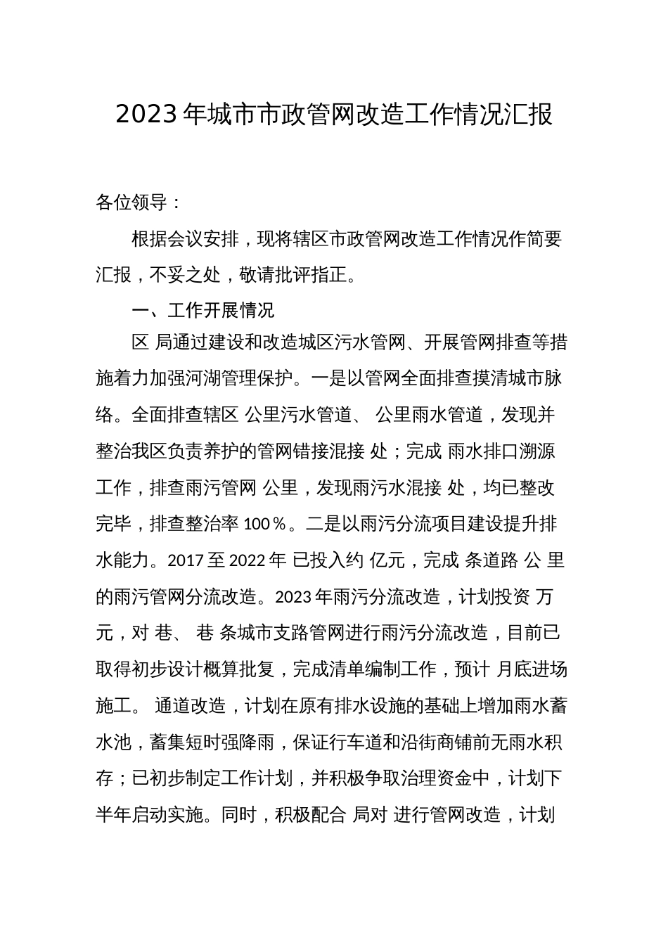 2023年城市市政管网改造工作情况总结_第1页