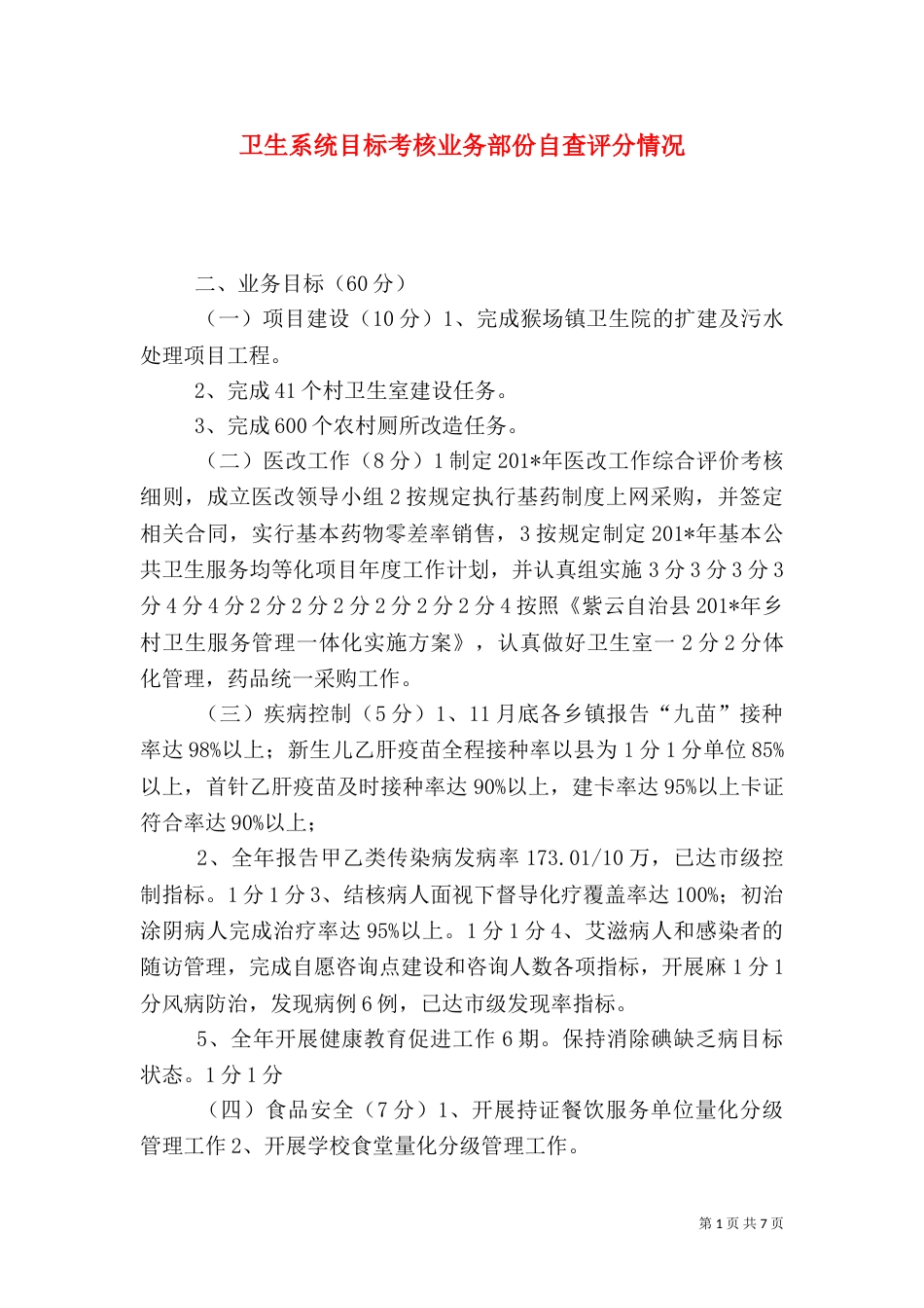 卫生系统目标考核业务部份自查评分情况_第1页
