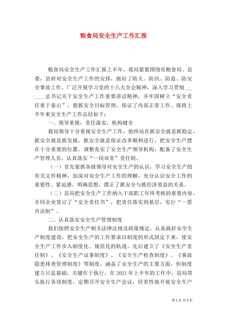 粮食局安全生产工作汇报_第1页