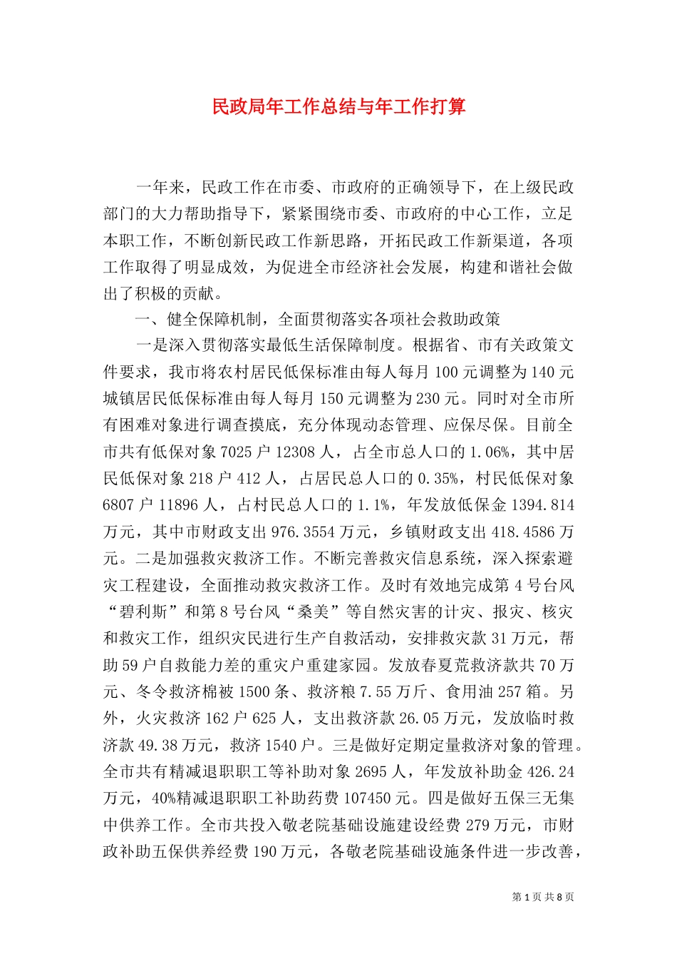 民政局年工作总结与年工作打算_第1页
