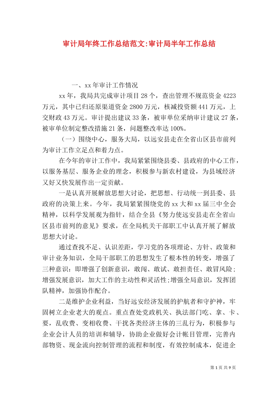 审计局年终工作总结范文-审计局半年工作总结_第1页