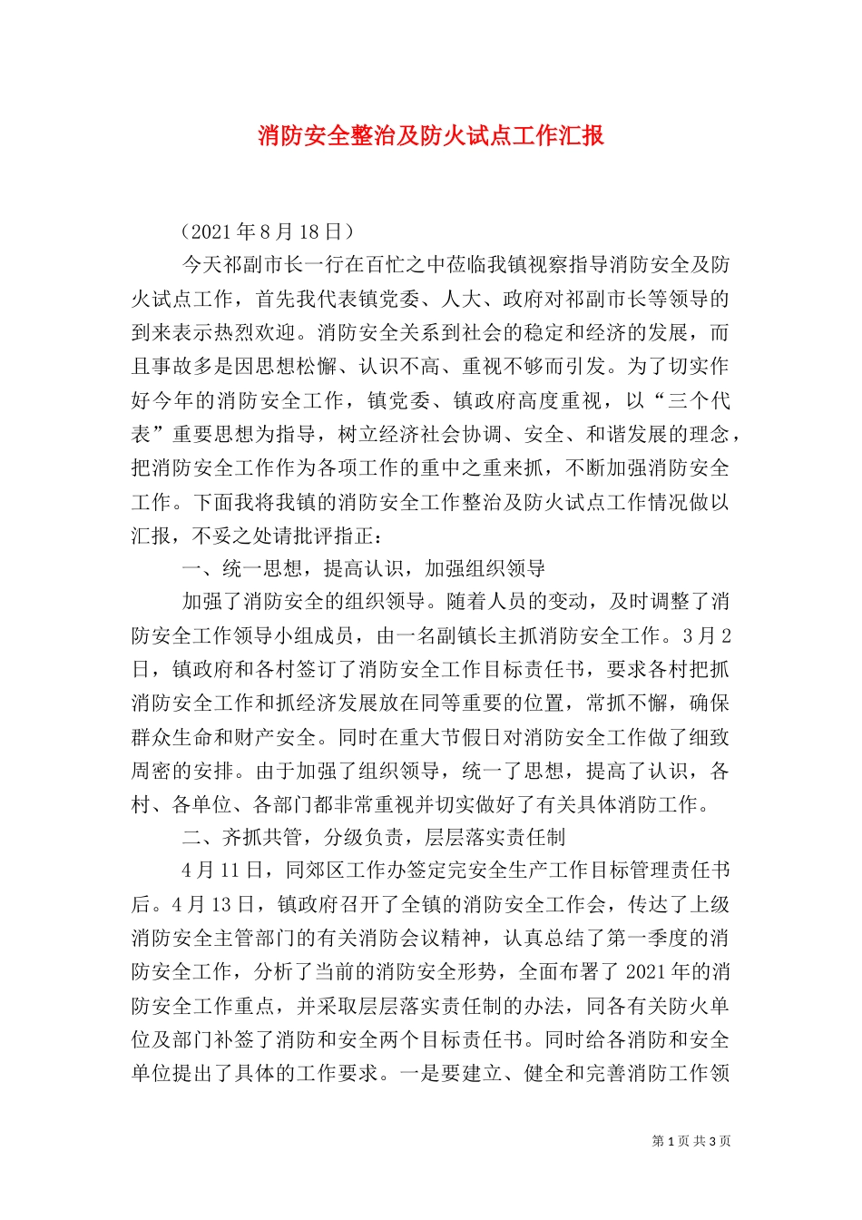 消防安全整治及防火试点工作汇报（四）_第1页