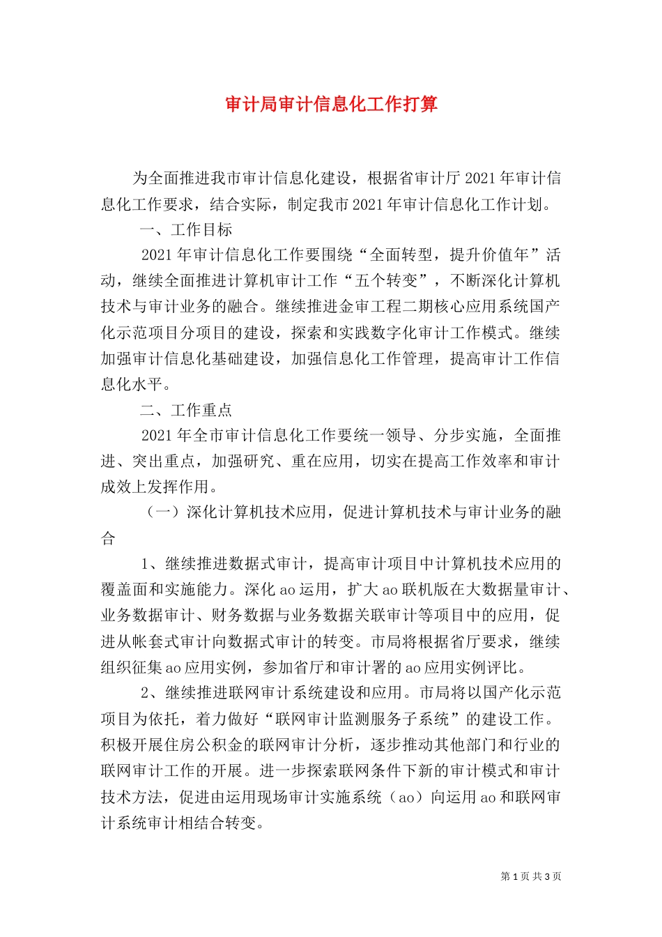 审计局审计信息化工作打算（一）_第1页