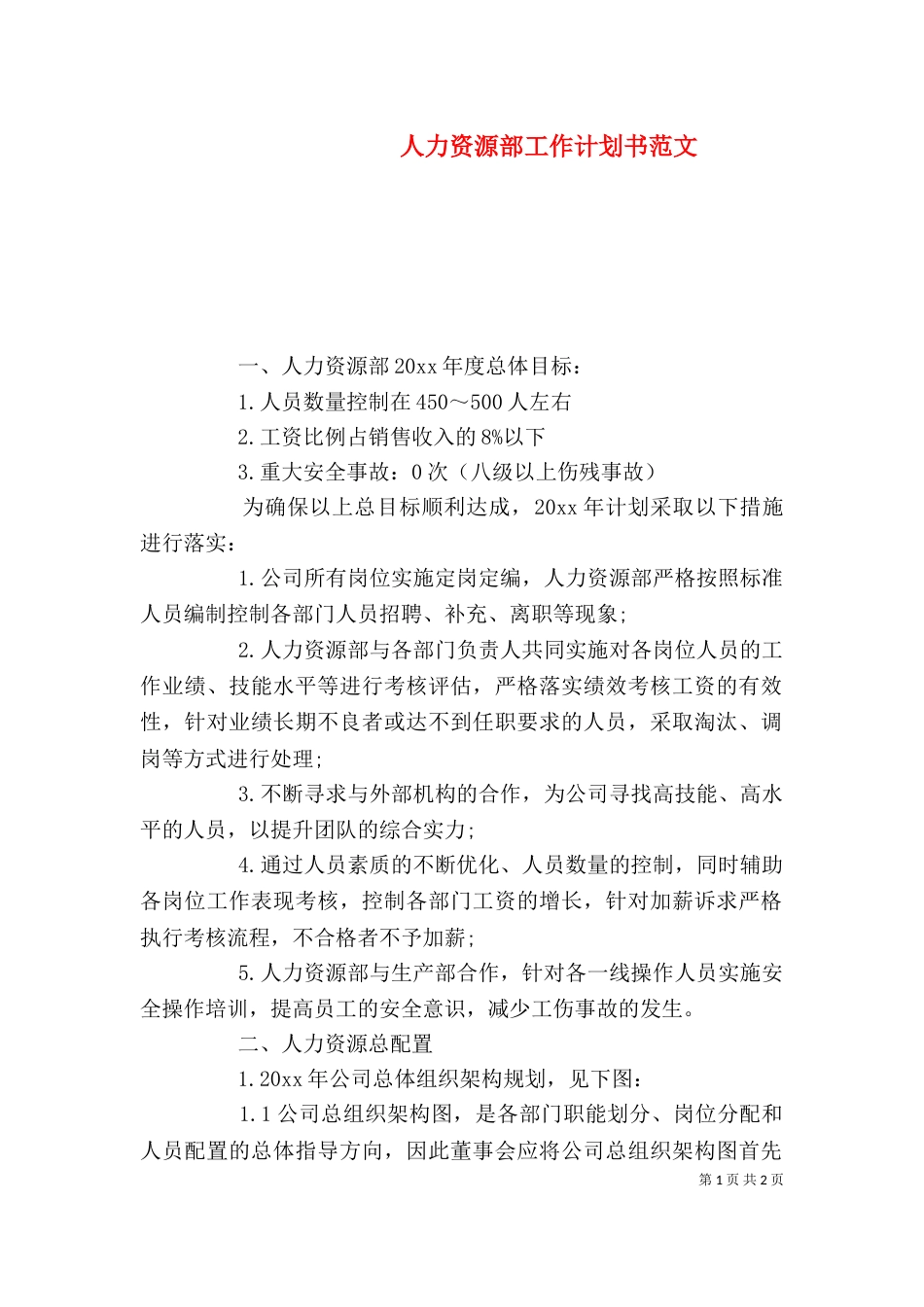 人力资源部工作计划书范文（一）_第1页