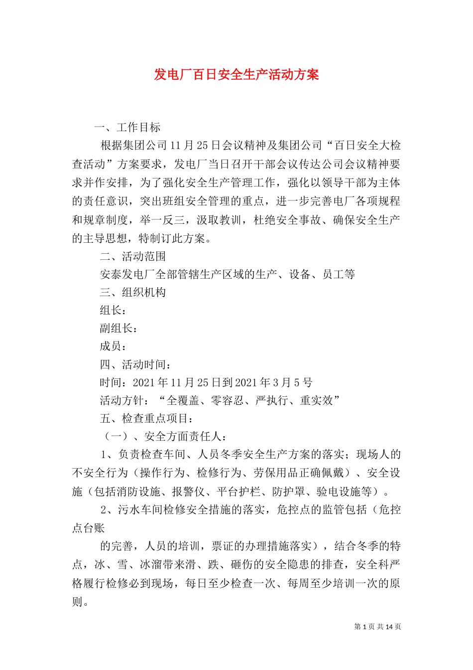 发电厂百日安全生产活动方案_第1页